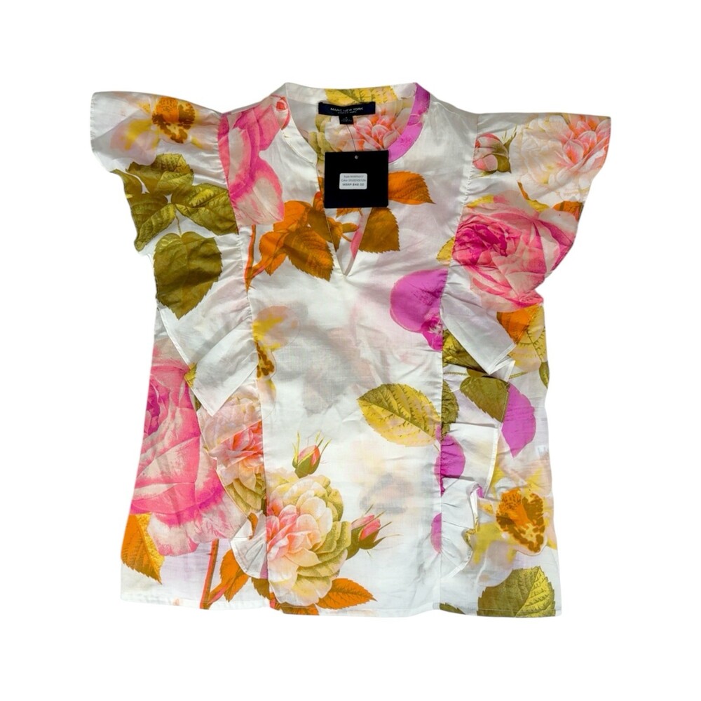 Marc New York Andrew Marc 100% Cotton Floral Ruffle Flutter Sleeve Blouse NWT S